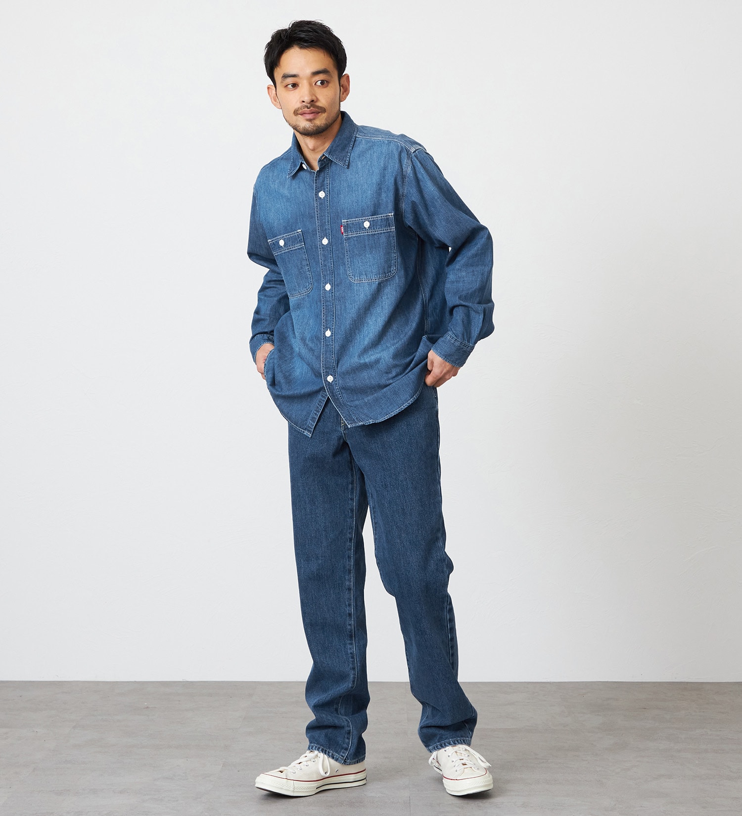 EDWIN(エドウイン)の【裾上げ無料】【大きいサイズ】インターナショナルベーシック 404 ゆったりストレート デニムパンツ ジーンズ|パンツ/デニム / ジーンズパンツ/メンズ|中色ブルー