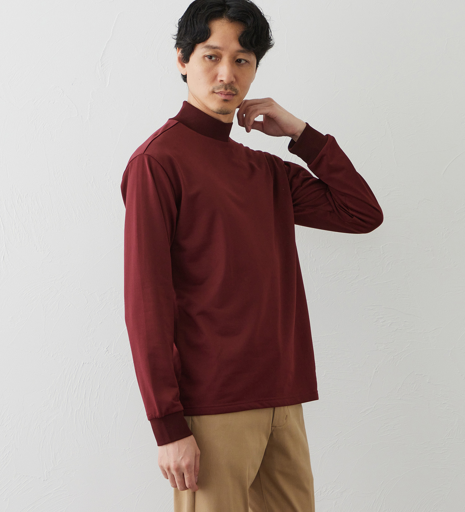 EDWIN(エドウイン)のデニスラ 長袖モックネック Tシャツ【吸水速乾/抗菌防臭/ビジネス】|トップス/Tシャツ/カットソー/メンズ|ワイン