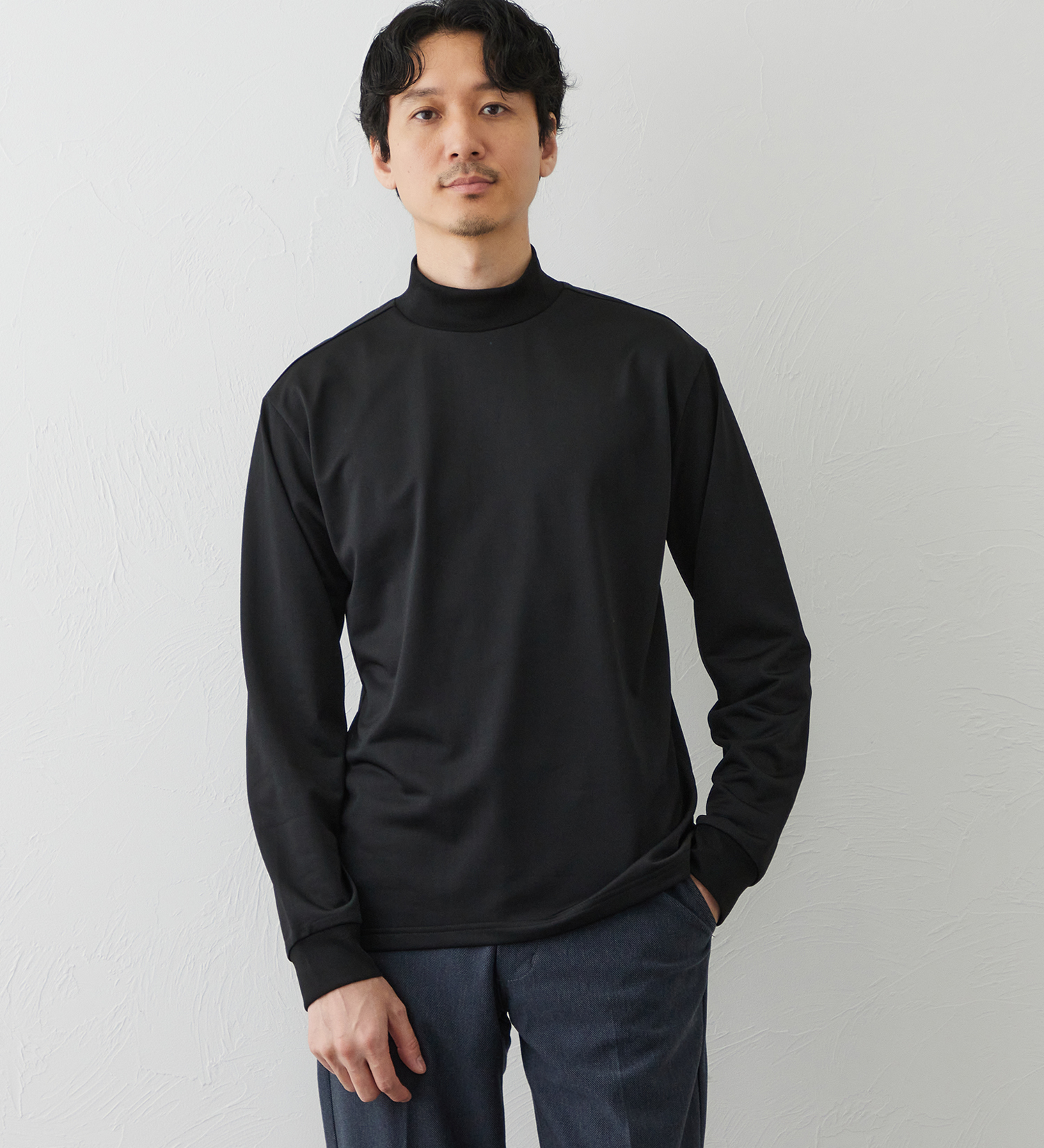 EDWIN(エドウイン)のデニスラ 長袖モックネック Tシャツ【吸水速乾/抗菌防臭/ビジネス】|トップス/Tシャツ/カットソー/メンズ|ブラック