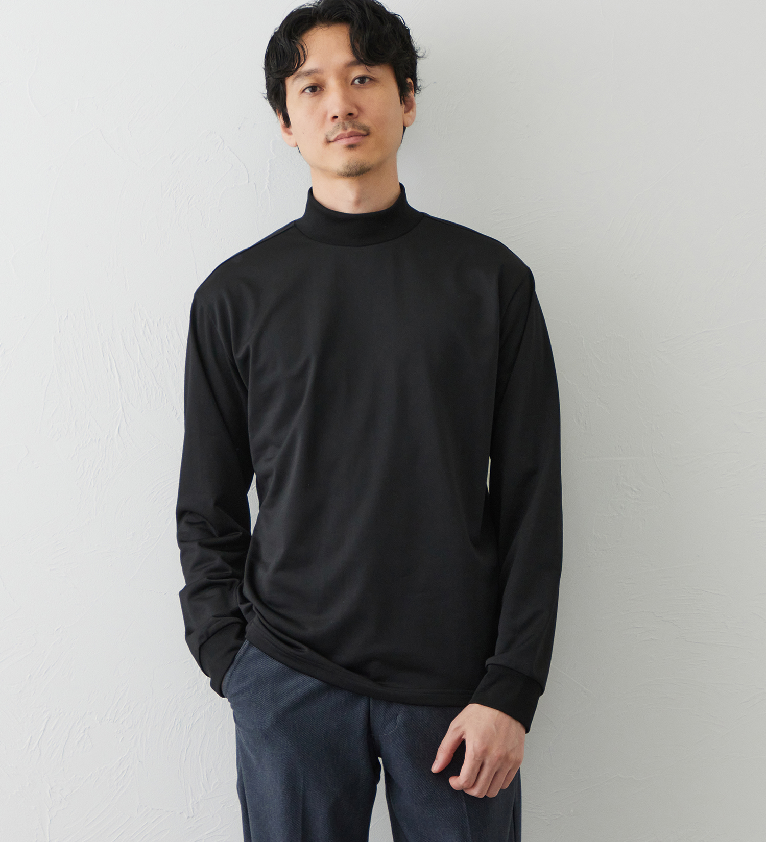 EDWIN(エドウイン)のデニスラ 長袖モックネック Tシャツ【吸水速乾/抗菌防臭/ビジネス】|トップス/Tシャツ/カットソー/メンズ|ブラック