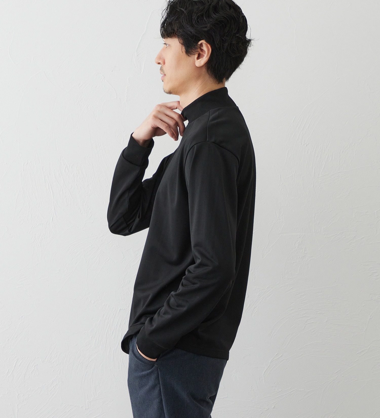 EDWIN(エドウイン)のデニスラ 長袖モックネック Tシャツ【吸水速乾/抗菌防臭/ビジネス】|トップス/Tシャツ/カットソー/メンズ|ブラック