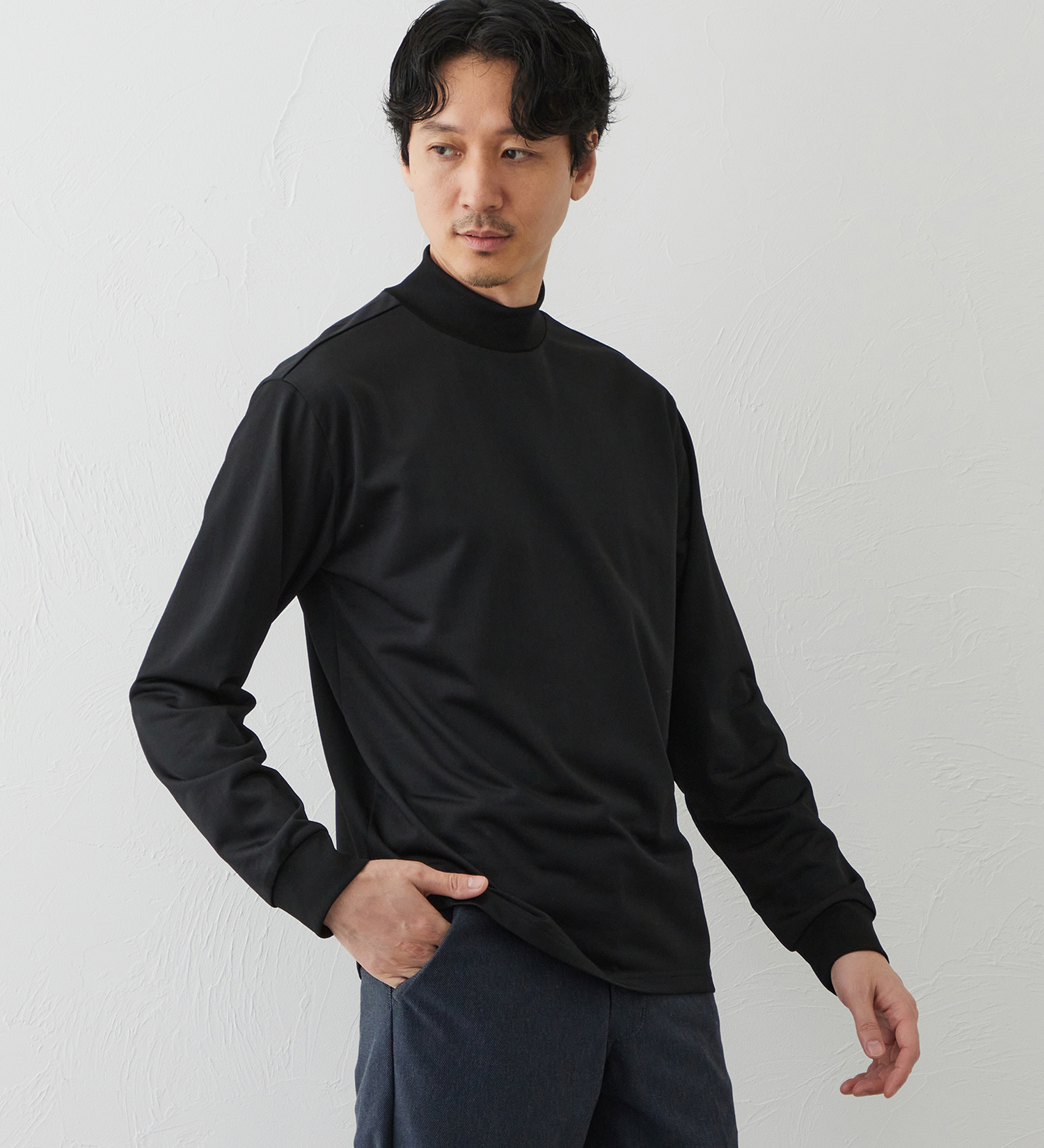 EDWIN(エドウイン)のデニスラ 長袖モックネック Tシャツ【吸水速乾/抗菌防臭/ビジネス】|トップス/Tシャツ/カットソー/メンズ|ブラック