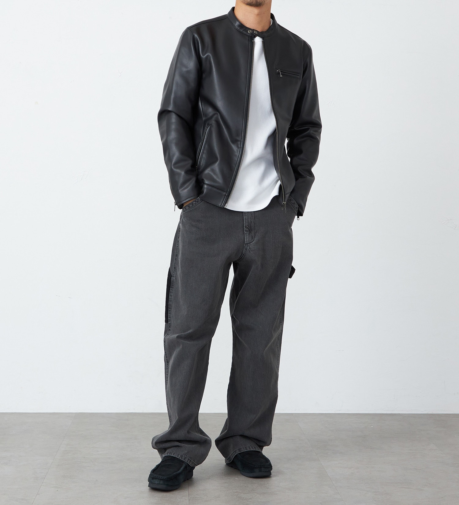 EDWIN(エドウイン)のシングルライダースジャケット/フェイクレザー【アウトレット店舗・WEB限定】|ジャケット/アウター/ミリタリージャケット/メンズ|ブラック