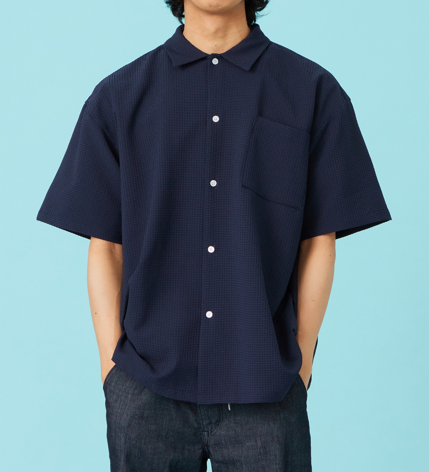 EDWIN(エドウイン)のシアサッカー 半袖ビッグシャツ【アウトレット店舗・WEB限定商品】|トップス/Tシャツ/カットソー/メンズ|ネイビー