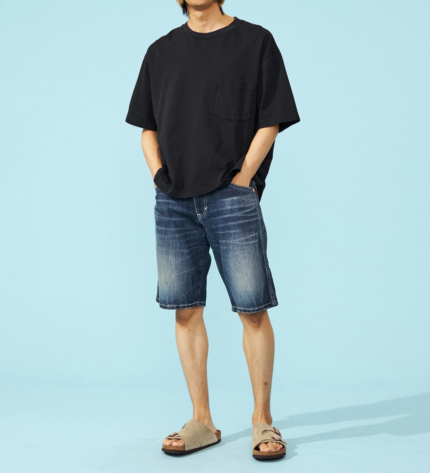 EDWIN(エドウイン)のレザーポケットデニムショートパンツ【アウトレット店舗・WEB限定】|パンツ/デニム / ジーンズパンツ/メンズ|中色ブルー