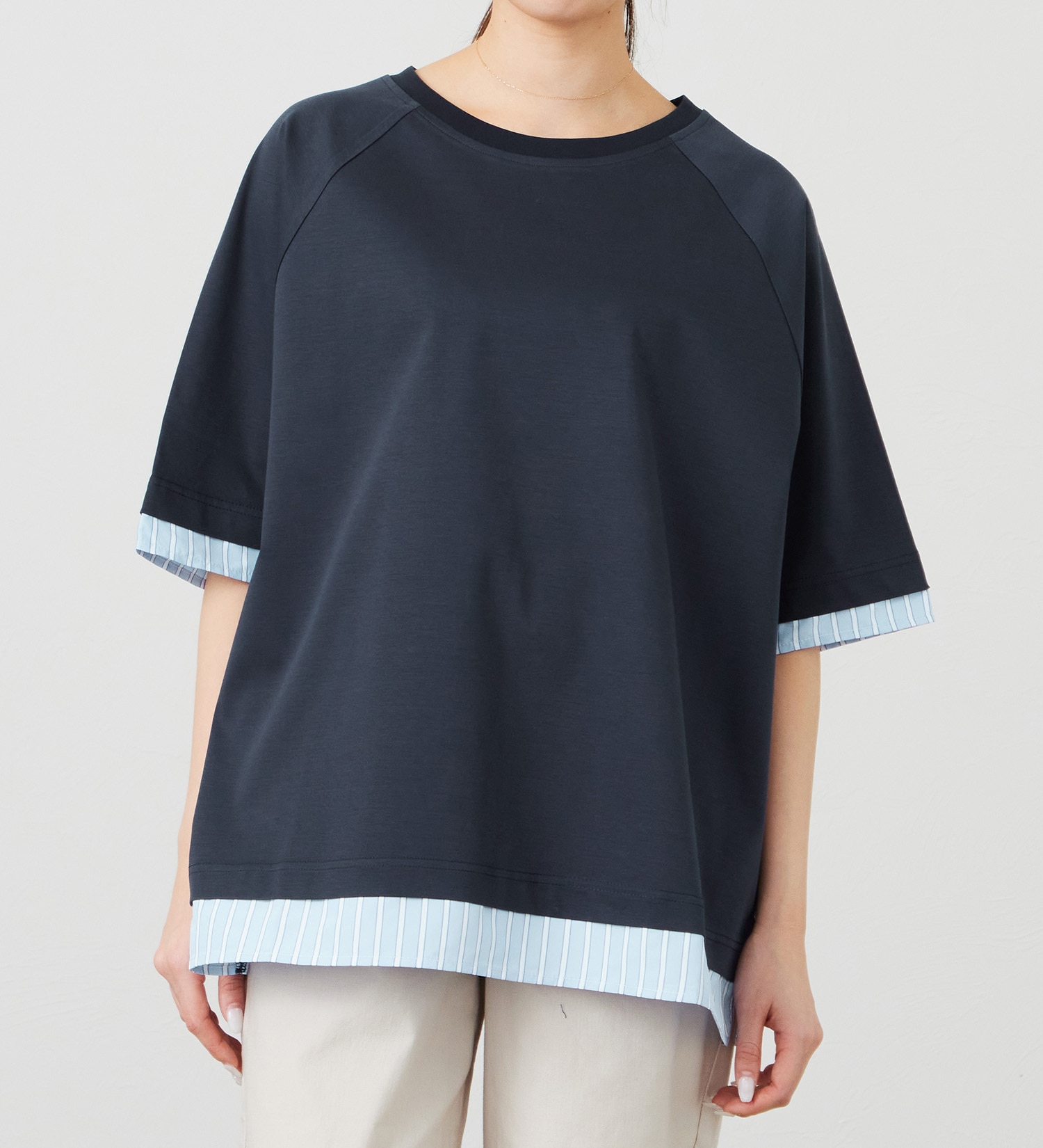 EDWIN(エドウイン)のストライプコンビ 5分袖Tシャツ【アウトレット店舗・WEB限定商品】|トップス/Tシャツ/カットソー/レディース|ネイビー