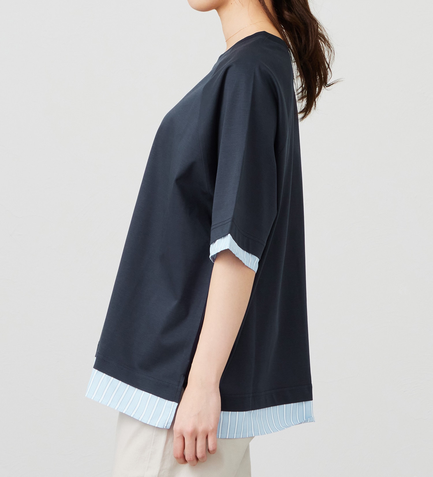 EDWIN(エドウイン)のストライプコンビ 5分袖Tシャツ【アウトレット店舗・WEB限定商品】|トップス/Tシャツ/カットソー/レディース|ネイビー