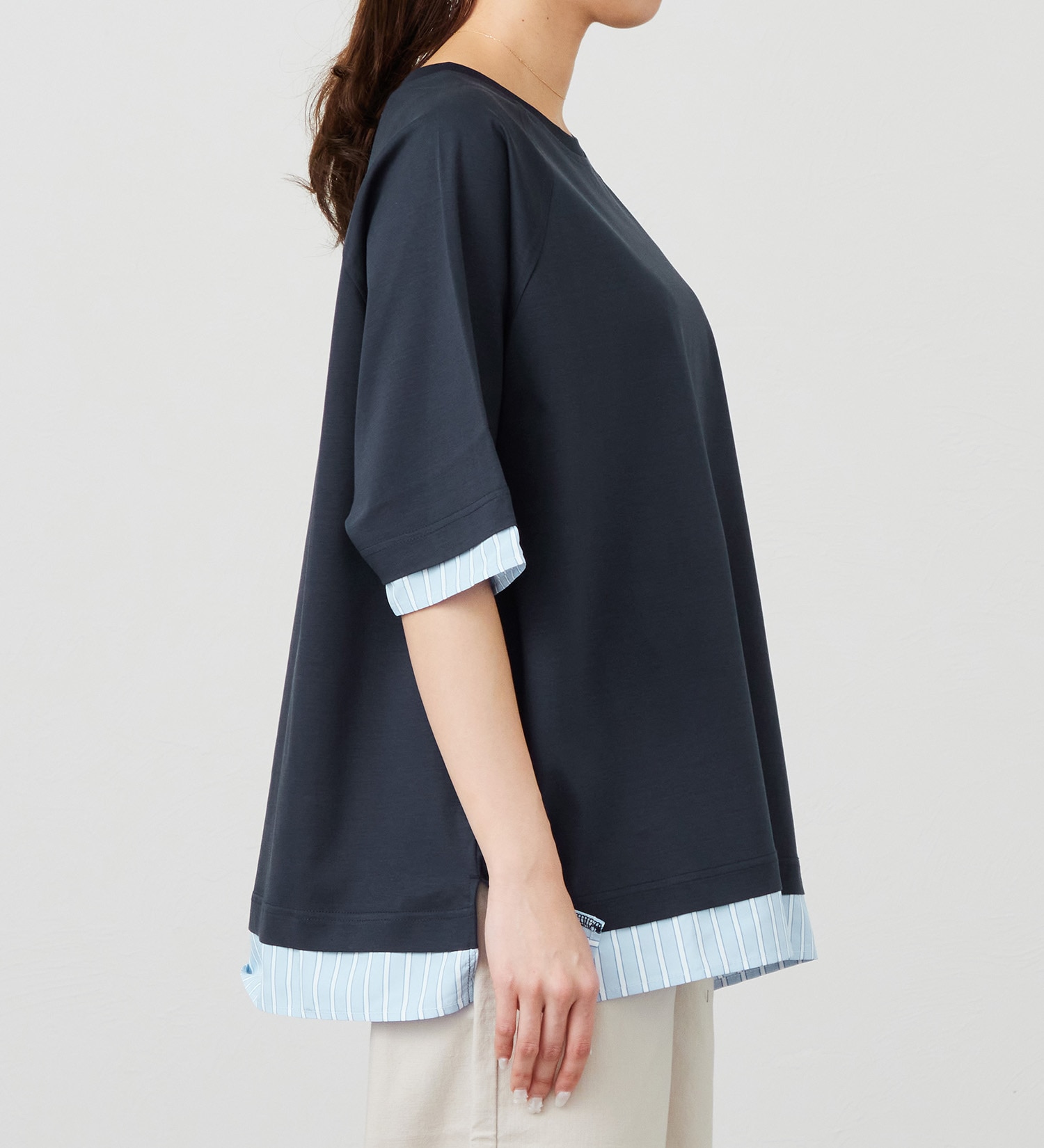 EDWIN(エドウイン)のストライプコンビ 5分袖Tシャツ【アウトレット店舗・WEB限定商品】|トップス/Tシャツ/カットソー/レディース|ネイビー