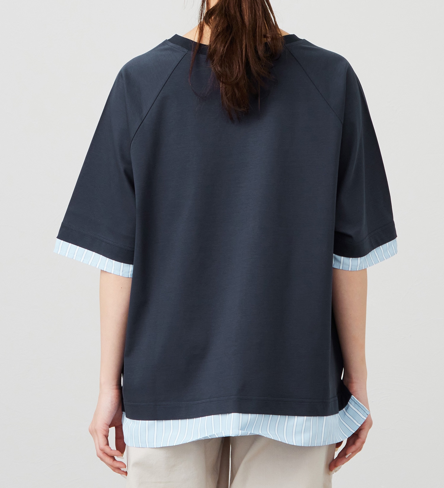 EDWIN(エドウイン)のストライプコンビ 5分袖Tシャツ【アウトレット店舗・WEB限定商品】|トップス/Tシャツ/カットソー/レディース|ネイビー