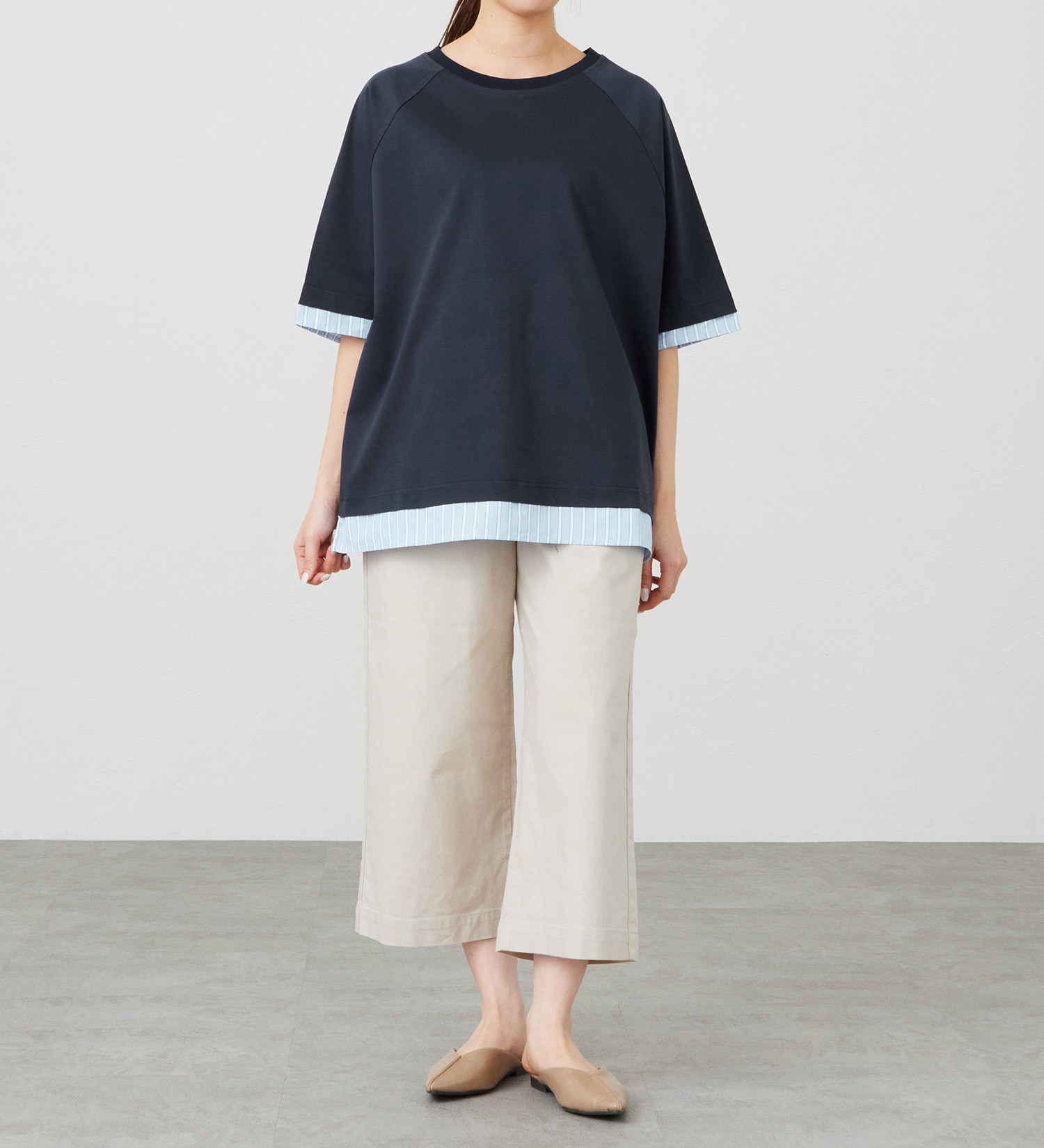 EDWIN(エドウイン)のストライプコンビ 5分袖Tシャツ【アウトレット店舗・WEB限定商品】|トップス/Tシャツ/カットソー/レディース|ネイビー