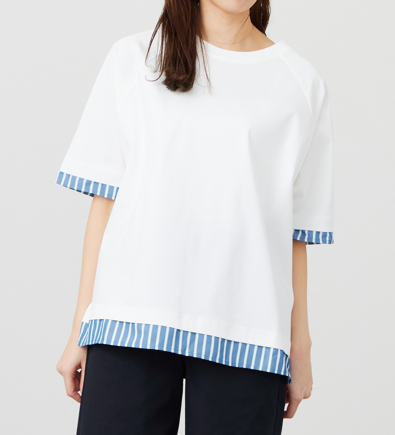 EDWIN(エドウイン)のストライプコンビ 5分袖Tシャツ【アウトレット店舗・WEB限定商品】|トップス/Tシャツ/カットソー/レディース|ホワイト