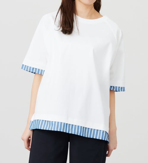 EDWIN(エドウイン)のストライプコンビ 5分袖Tシャツ【アウトレット店舗・WEB限定商品】|トップス/Tシャツ/カットソー/レディース|ホワイト