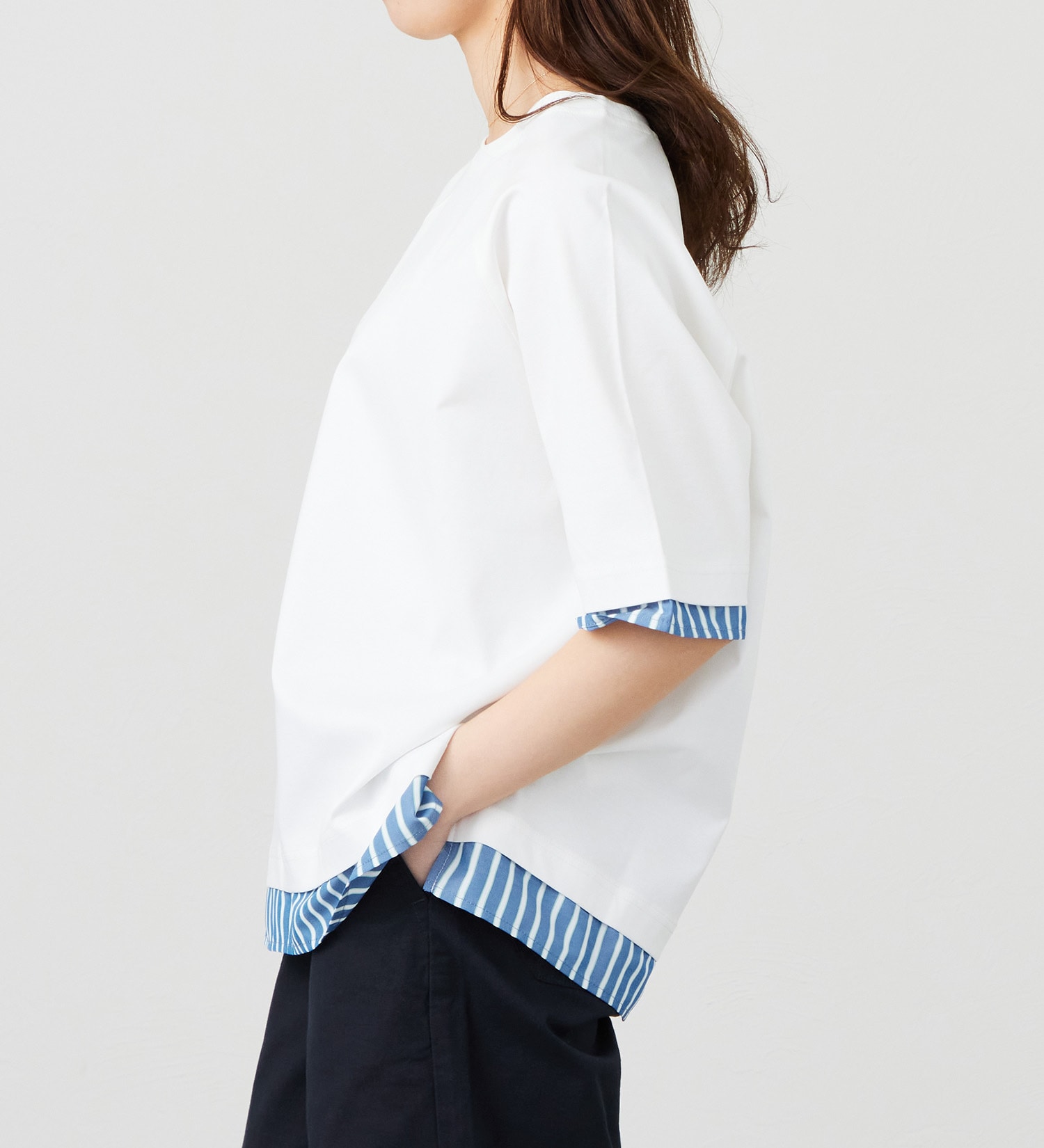 EDWIN(エドウイン)のストライプコンビ 5分袖Tシャツ【アウトレット店舗・WEB限定商品】|トップス/Tシャツ/カットソー/レディース|ホワイト