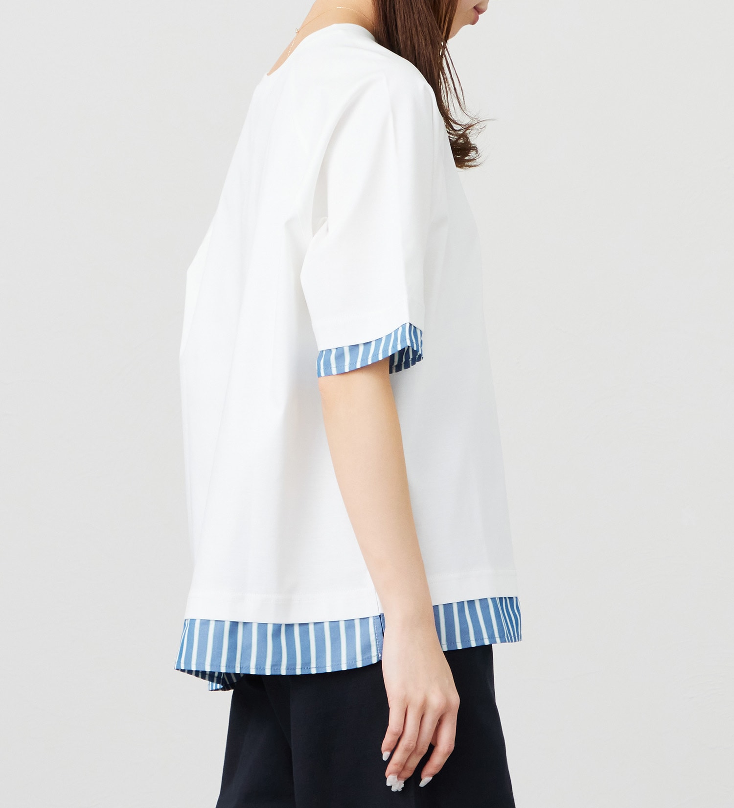 EDWIN(エドウイン)のストライプコンビ 5分袖Tシャツ【アウトレット店舗・WEB限定商品】|トップス/Tシャツ/カットソー/レディース|ホワイト