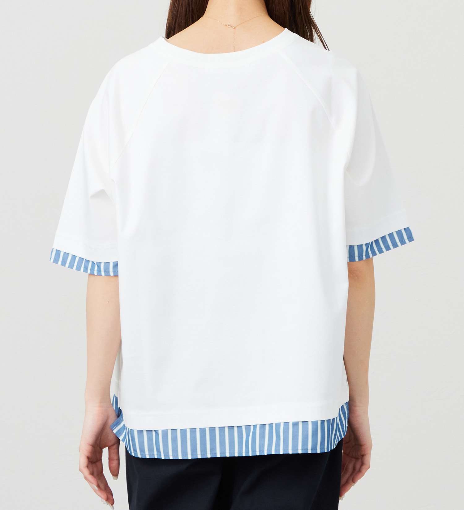 EDWIN(エドウイン)のストライプコンビ 5分袖Tシャツ【アウトレット店舗・WEB限定商品】|トップス/Tシャツ/カットソー/レディース|ホワイト