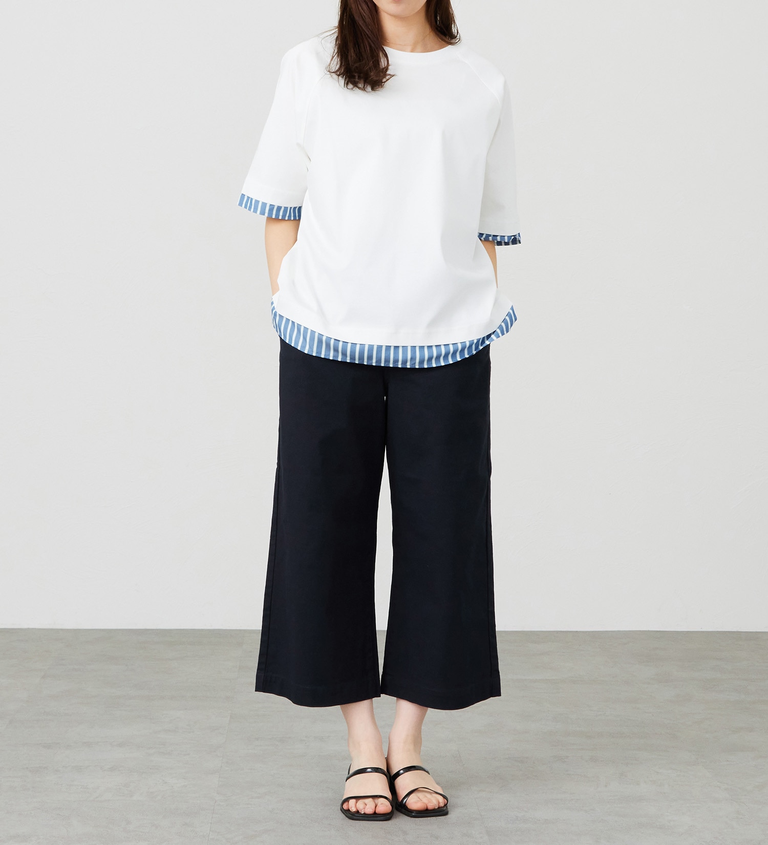 EDWIN(エドウイン)のストライプコンビ 5分袖Tシャツ【アウトレット店舗・WEB限定商品】|トップス/Tシャツ/カットソー/レディース|ホワイト