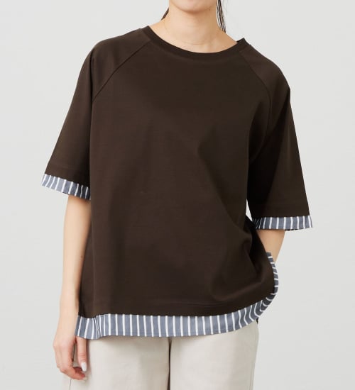 EDWIN(エドウイン)のストライプコンビ 5分袖Tシャツ【アウトレット店舗・WEB限定商品】|トップス/Tシャツ/カットソー/レディース|ブラウン