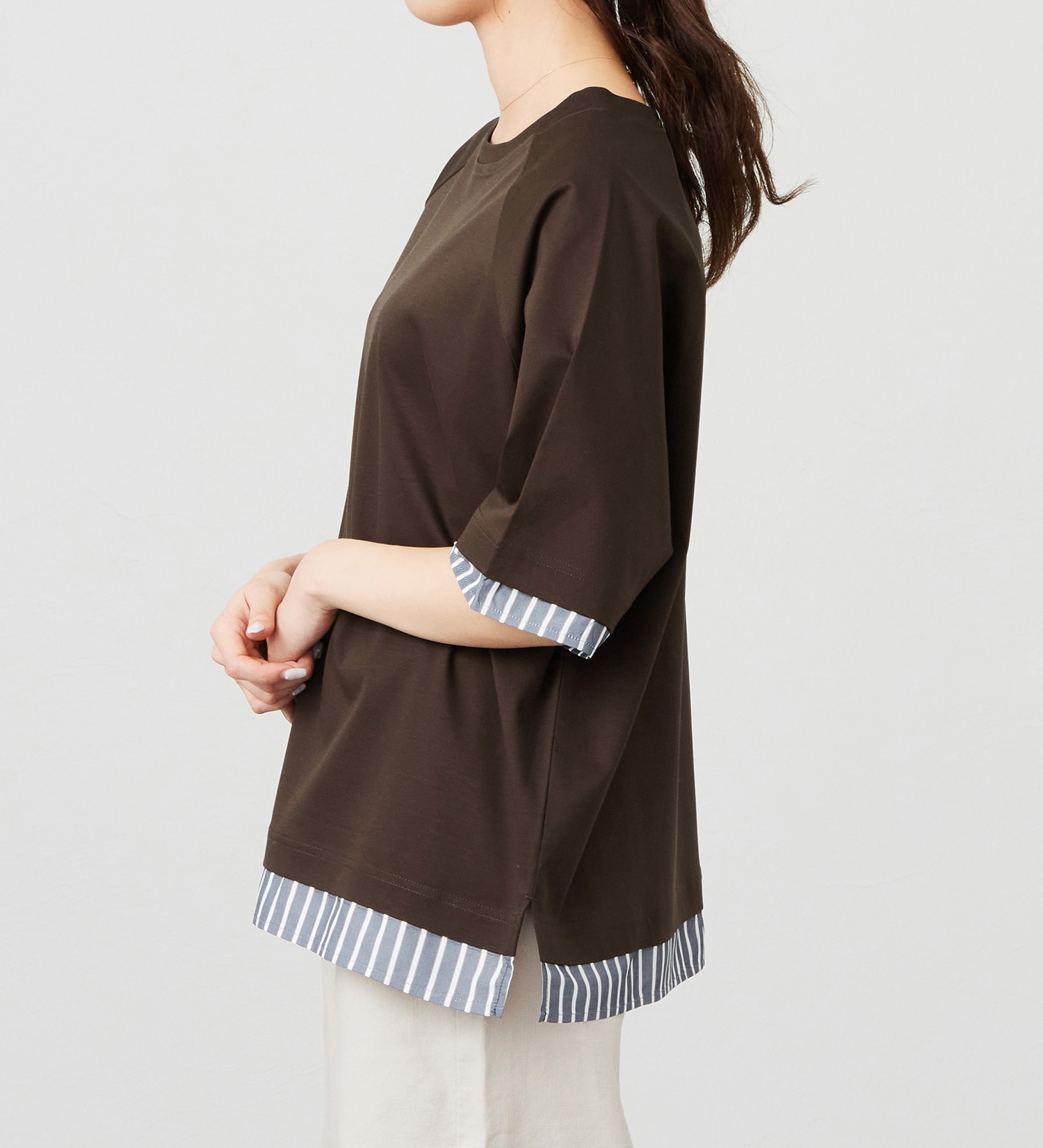 EDWIN(エドウイン)のストライプコンビ 5分袖Tシャツ【アウトレット店舗・WEB限定商品】|トップス/Tシャツ/カットソー/レディース|ブラウン