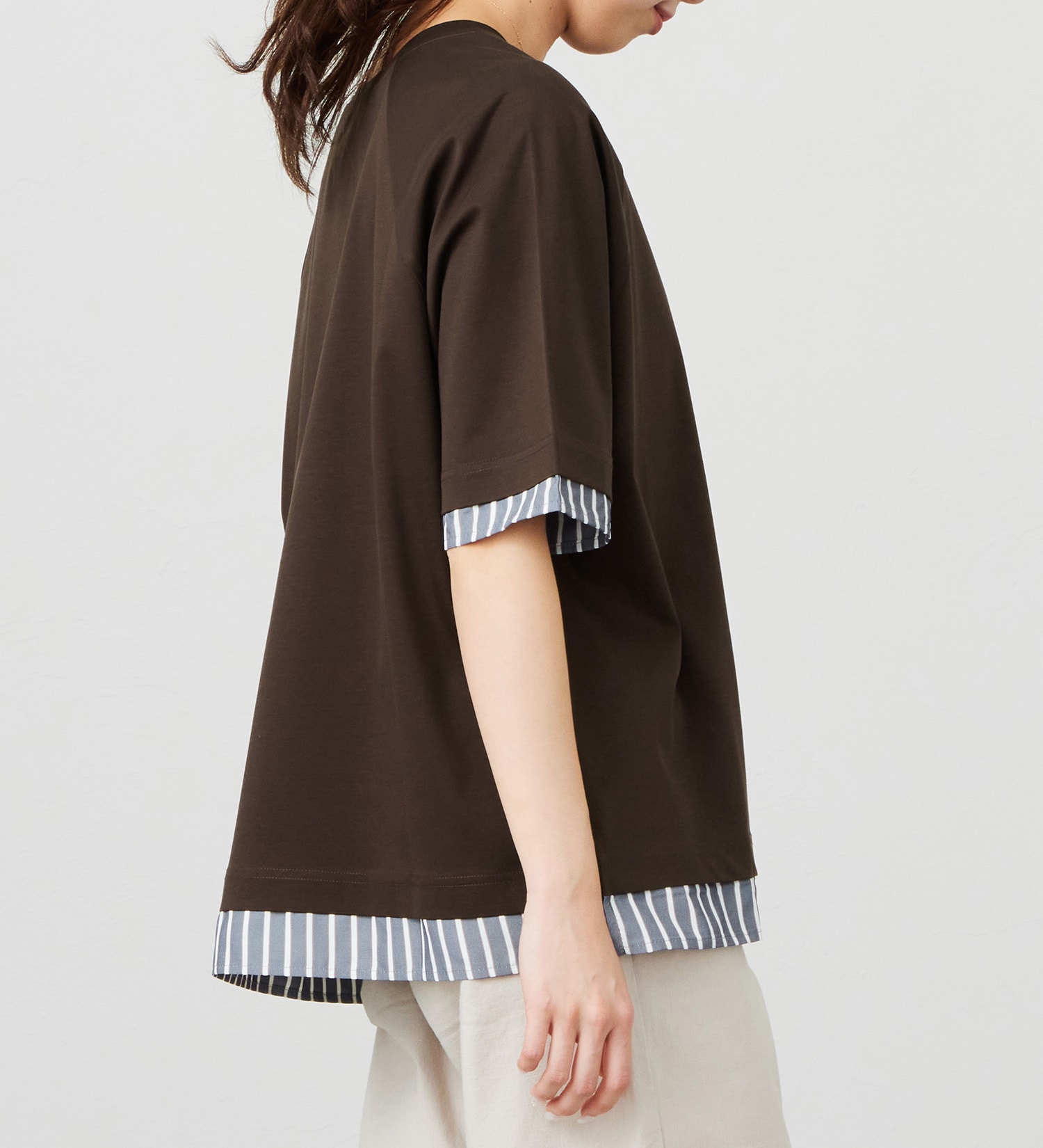 EDWIN(エドウイン)のストライプコンビ 5分袖Tシャツ【アウトレット店舗・WEB限定商品】|トップス/Tシャツ/カットソー/レディース|ブラウン