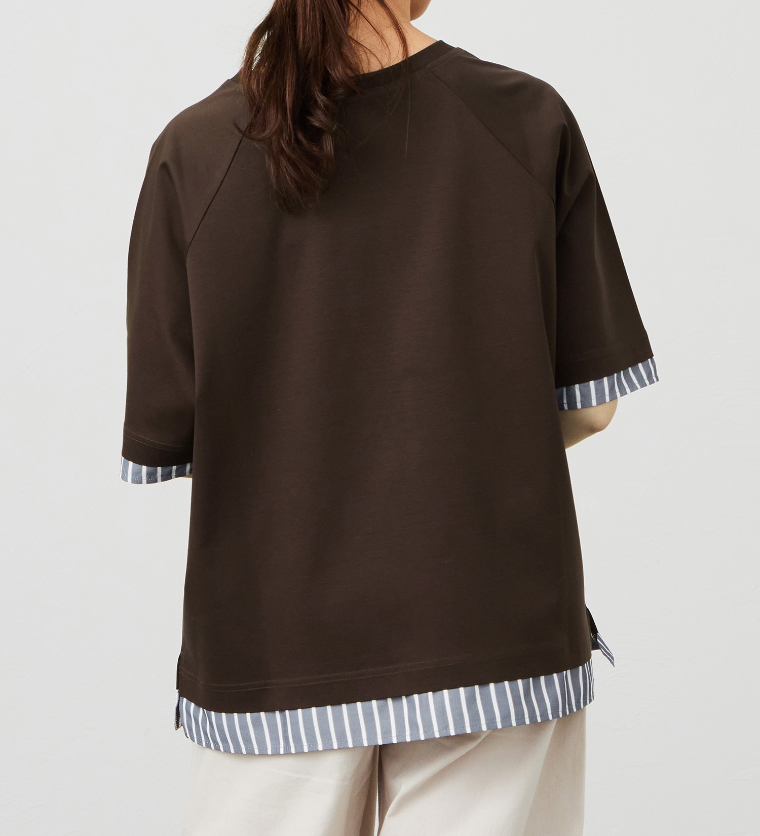 EDWIN(エドウイン)のストライプコンビ 5分袖Tシャツ【アウトレット店舗・WEB限定商品】|トップス/Tシャツ/カットソー/レディース|ブラウン