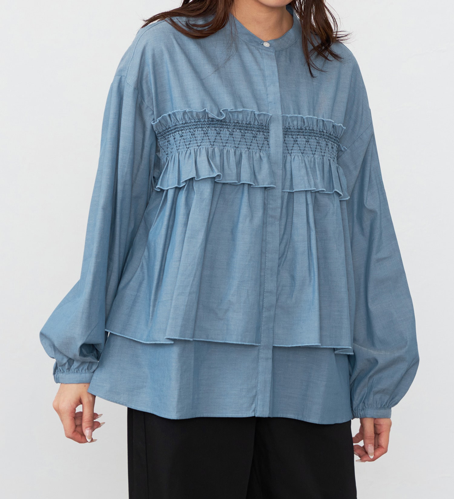 EDWIN(エドウイン)のシャンブレーペプラムシャツ【アウトレット店舗・WEB限定】|トップス/シャツ/ブラウス/レディース|ブルー