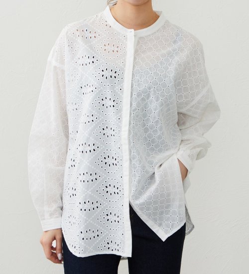 EDWIN(エドウイン)のレーススタンドカラーシャツ【アウトレット店舗・WEB限定商品】|トップス/シャツ/ブラウス/レディース|ホワイト
