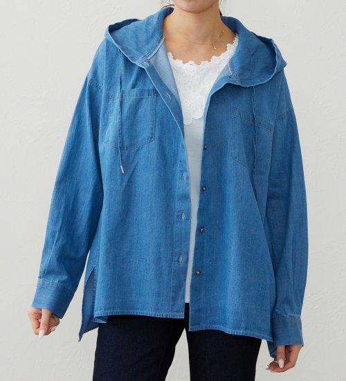 EDWIN(エドウイン)のフード付きデニムシャツ【アウトレット店舗・WEB限定商品】|トップス/パーカー/レディース|中色ブルー