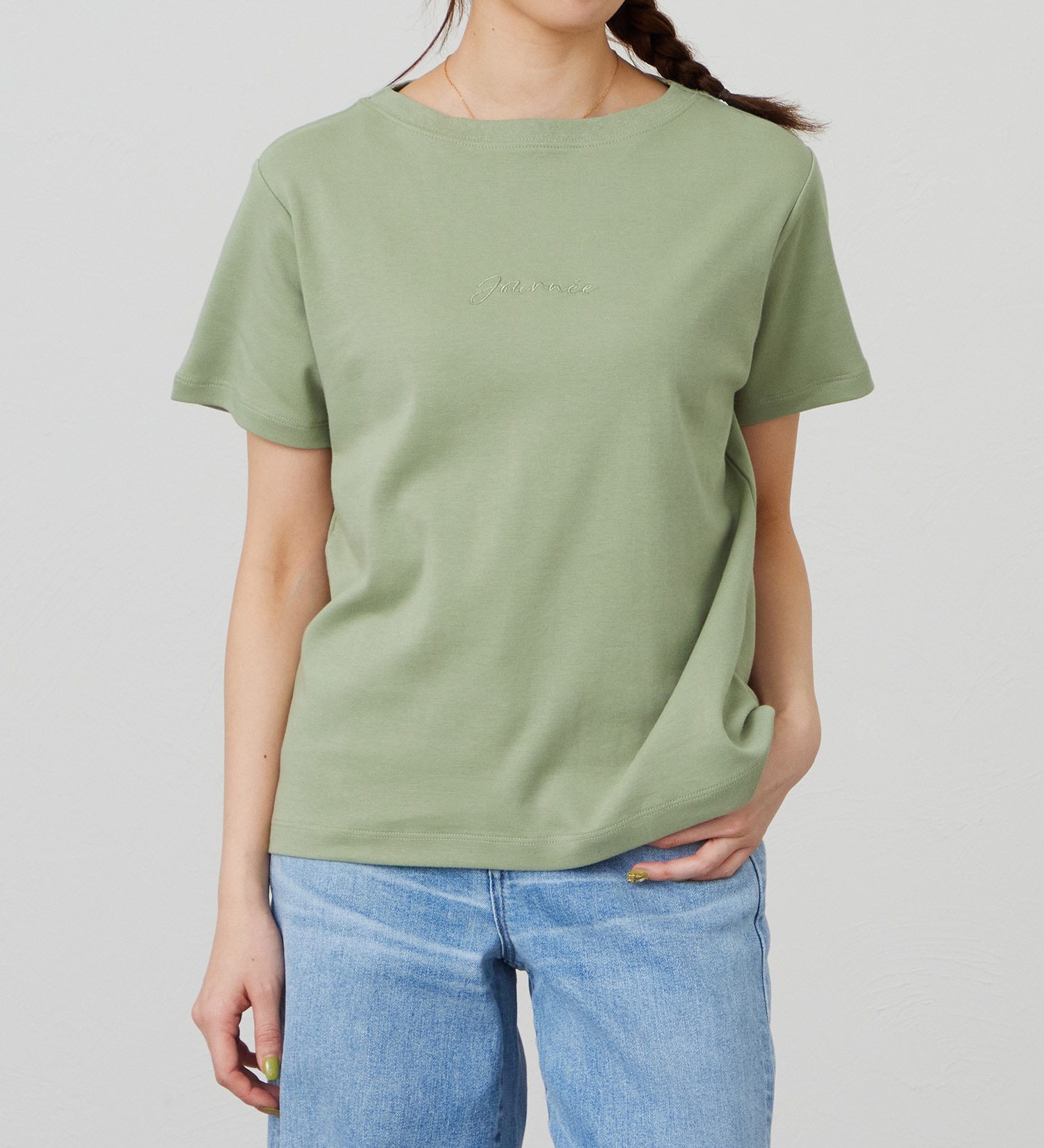 EDWIN(エドウイン)のスムース 5分袖ボートネックTシャツ【アウトレット店舗・WEB限定商品】|トップス/Tシャツ/カットソー/レディース|ライトグリーン