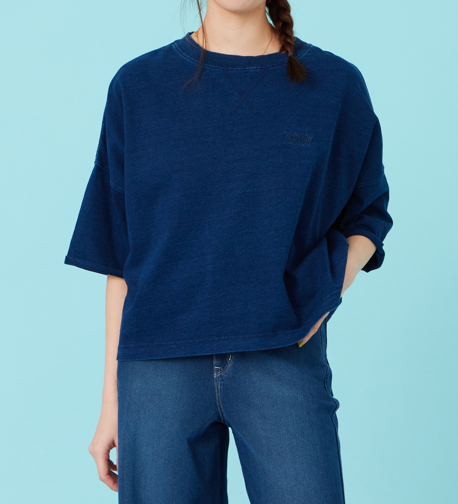 EDWIN(エドウイン)のインディゴ染め 5分袖Tシャツ【アウトレット店舗・WEB限定商品】|トップス/Tシャツ/カットソー/レディース|中色ブルー