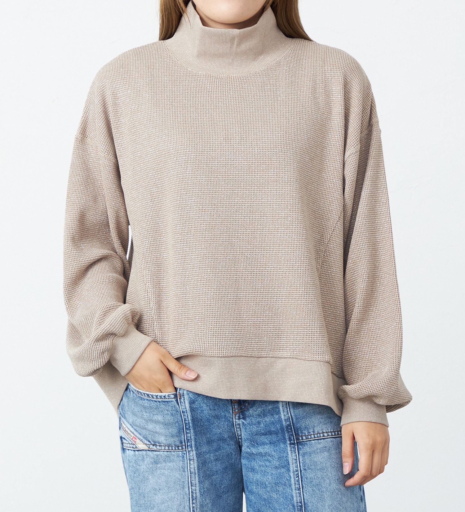 EDWIN(エドウイン)のグリッターワッフルハイネックプルオーバー【アウトレット店舗・WEB限定】|トップス/Tシャツ/カットソー/レディース|ベージュ