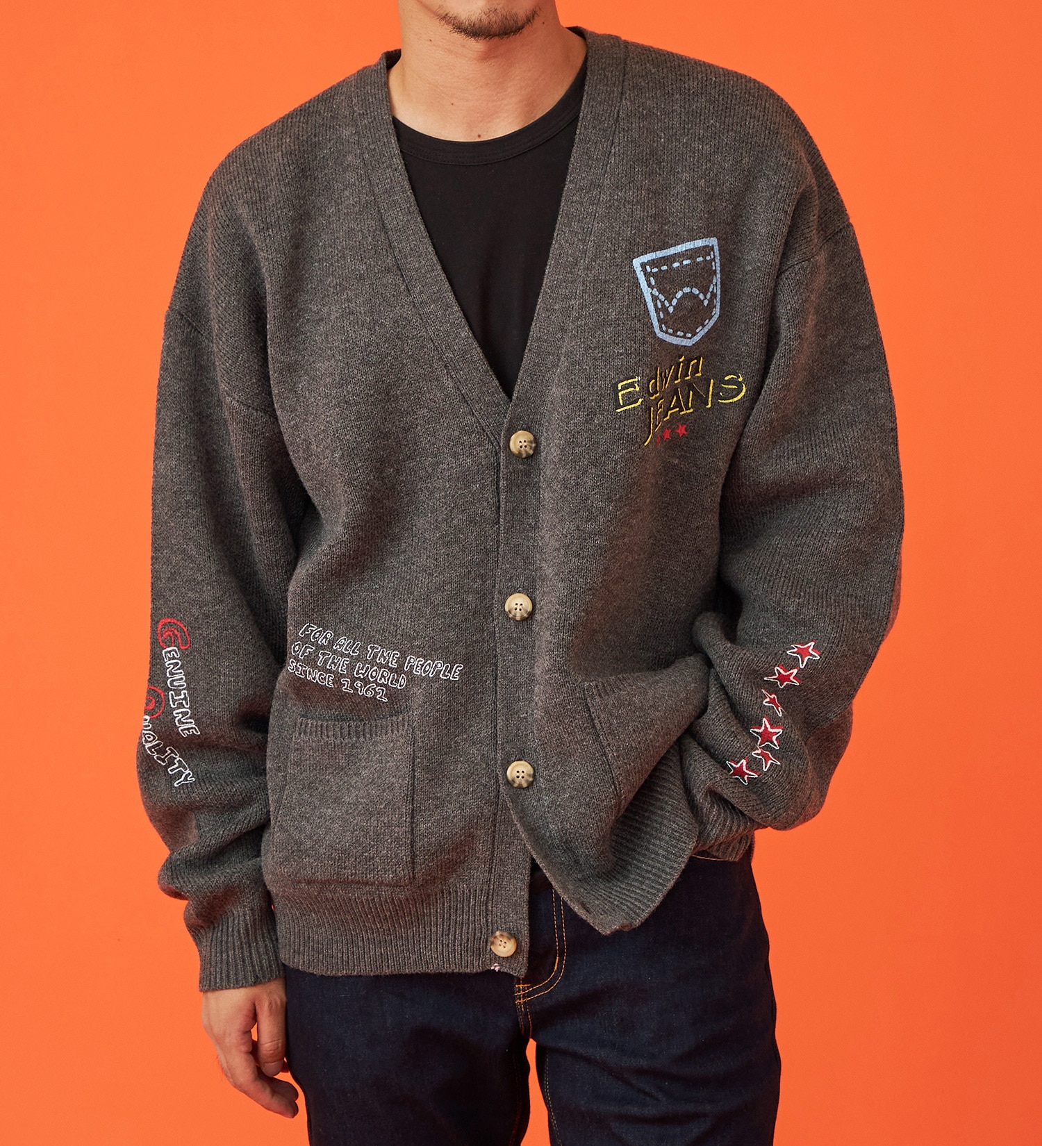 EDWIN(エドウイン)のプリントニットカーディガン【アウトレット店舗・WEB限定】|トップス/ニット/セーター/メンズ|グレー