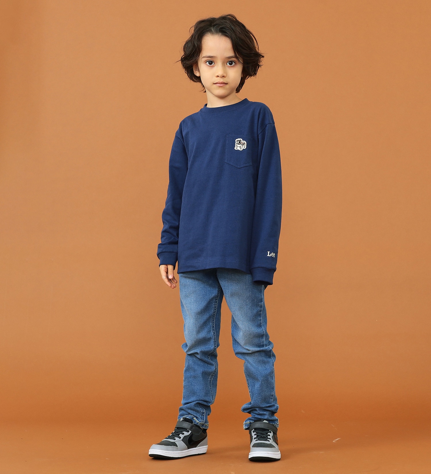 おまとめ割】【親子リンク】【110-150cm】キッズ ブルドッグワッペン 長袖ポケットTシャツ|Lee|リー