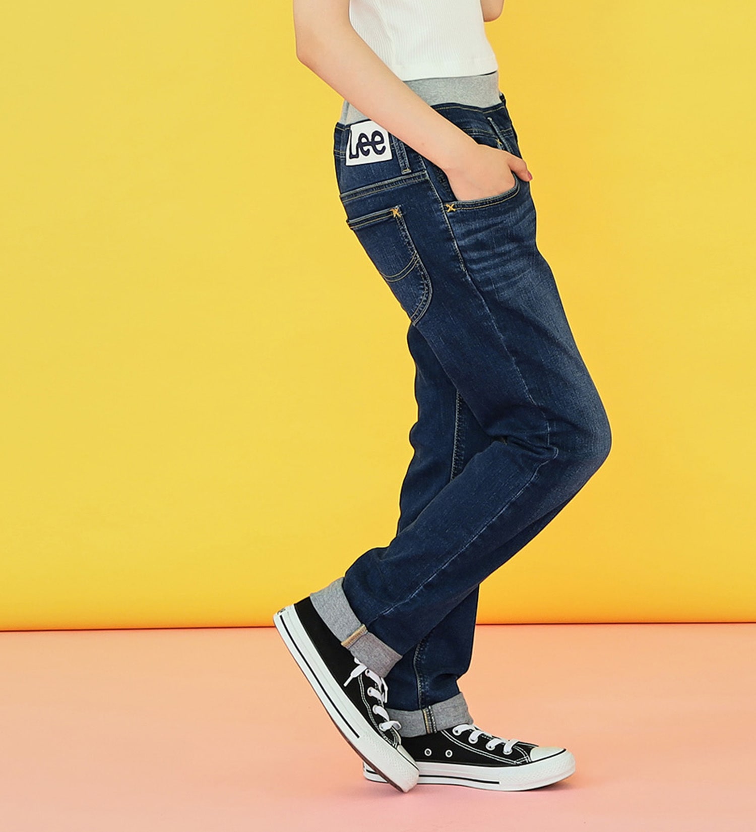 Lee(リー)の【カート割対象】【FINAL SALE】【130-160cm】キッズ ベーシック リブ ストレッチ テーパードパンツ|パンツ/デニムパンツ/キッズ|濃色ブルー