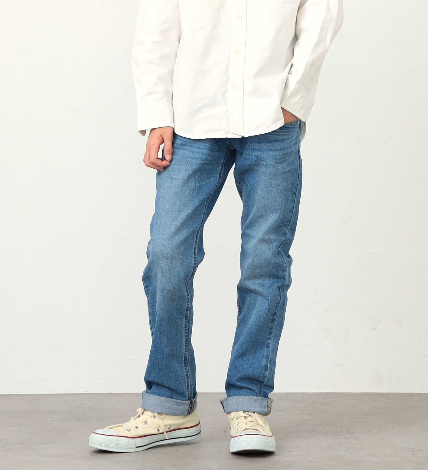 Lee(リー)の【SUMMER SALE】【130-160cm】キッズ ベーシック リブ ストレッチ テーパードパンツ|パンツ/デニムパンツ/キッズ|中色ブルー