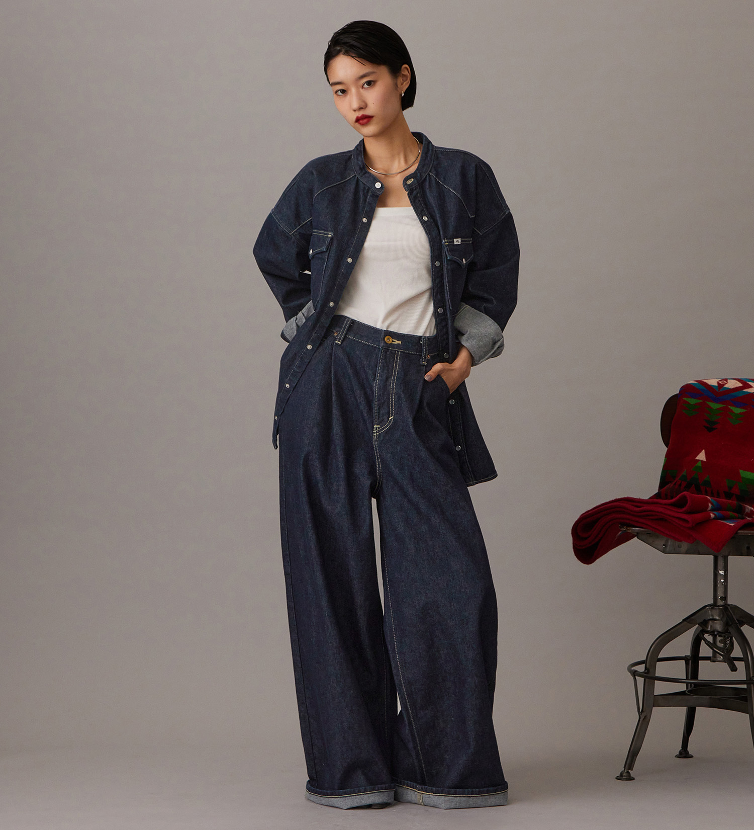 Lee(リー)の【予約】【101 101周年記念特別モデル】ANNIVERSARY 101 ICONIC BAND COLLAR SHIRTS JACKET セットアップ可|トップス/シャツ/ブラウス/レディース|インディゴブルー
