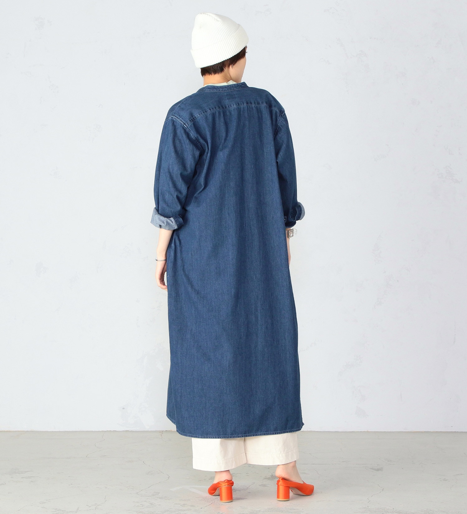 バンドカラー デニム ロングシャツワンピース