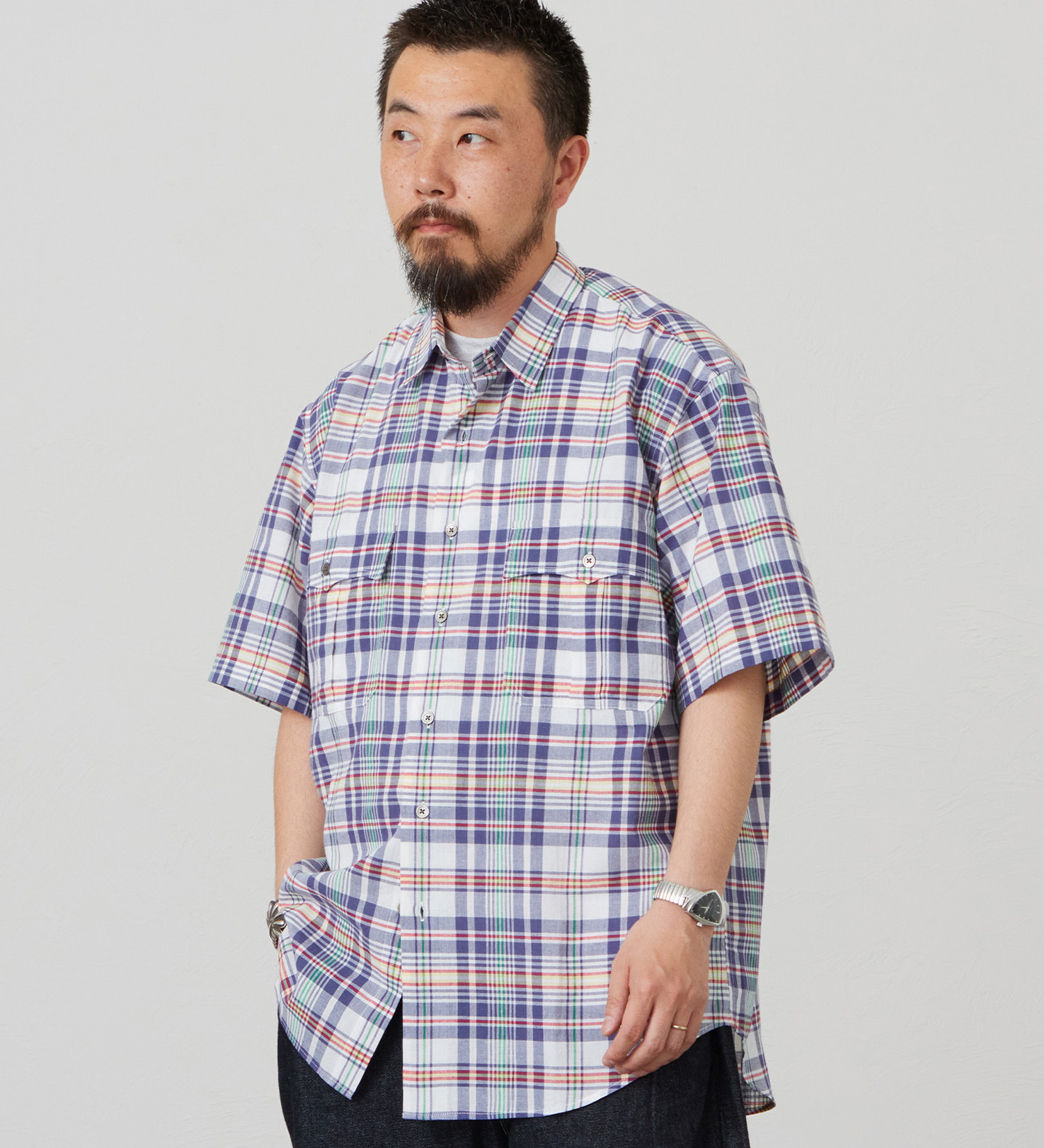 Lee(リー)のハーフスリーブサファリシャツ ライトウエイトマドラスチェック|トップス/シャツ/ブラウス/メンズ|ネイビー