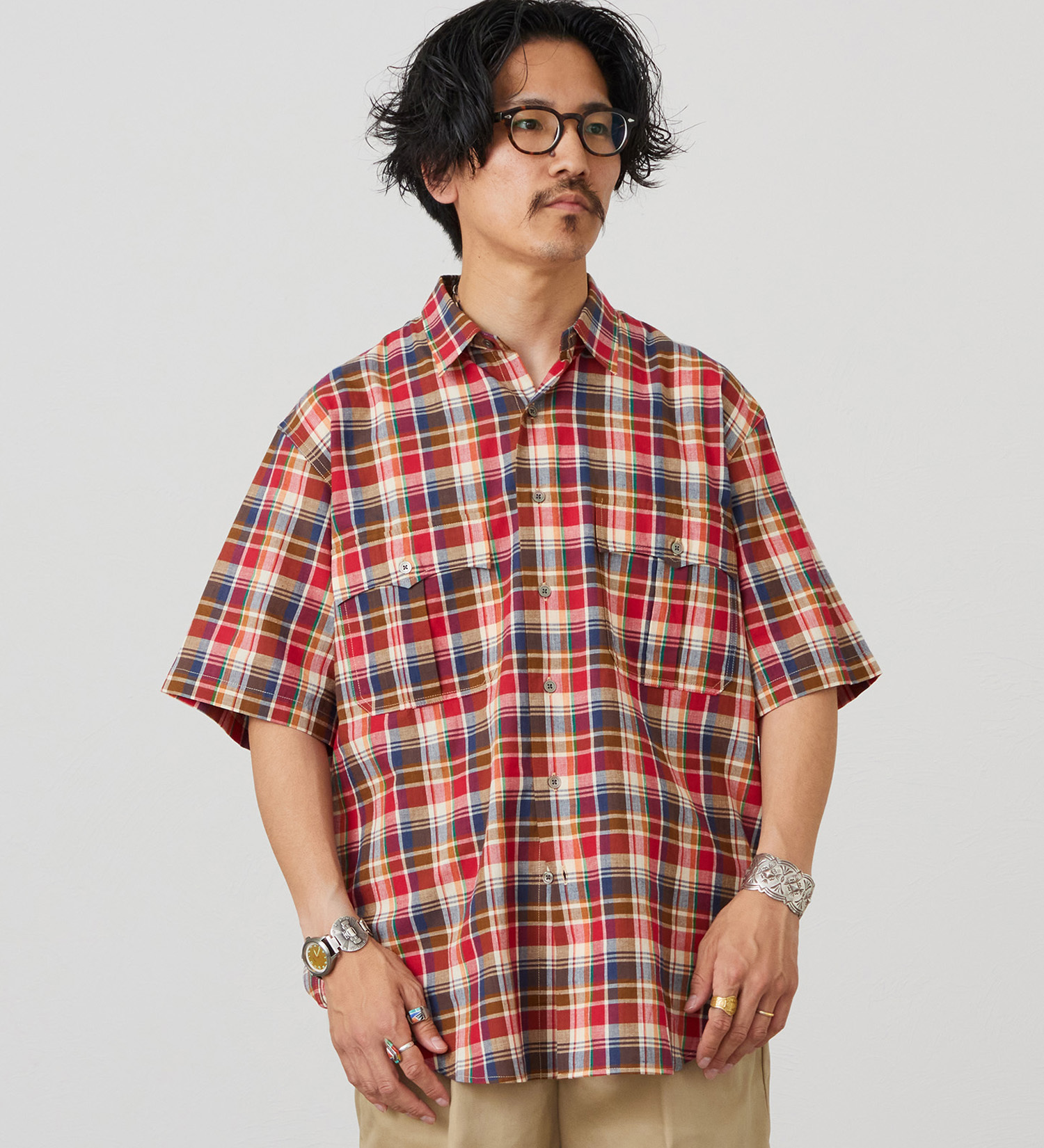 Lee(リー)のハーフスリーブサファリシャツ ライトウエイトマドラスチェック|トップス/シャツ/ブラウス/メンズ|レッド