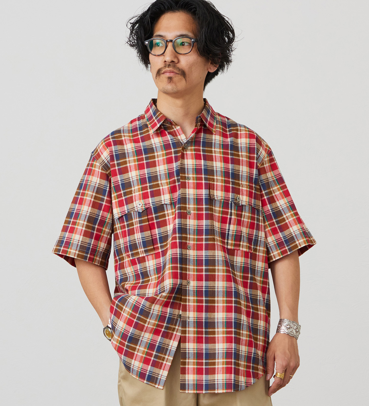 Lee(リー)のハーフスリーブサファリシャツ ライトウエイトマドラスチェック|トップス/シャツ/ブラウス/メンズ|レッド