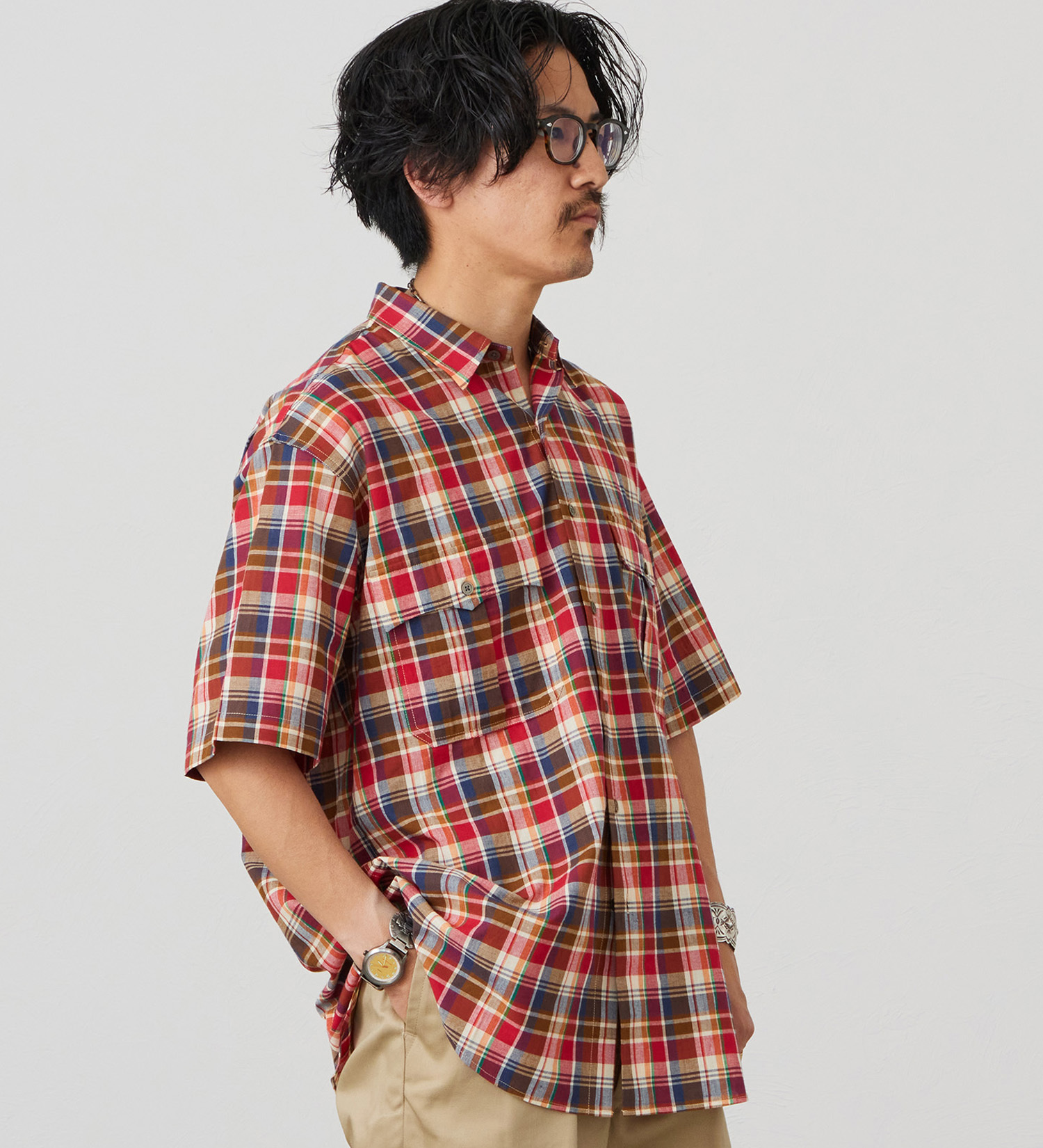 Lee(リー)のハーフスリーブサファリシャツ ライトウエイトマドラスチェック|トップス/シャツ/ブラウス/メンズ|レッド