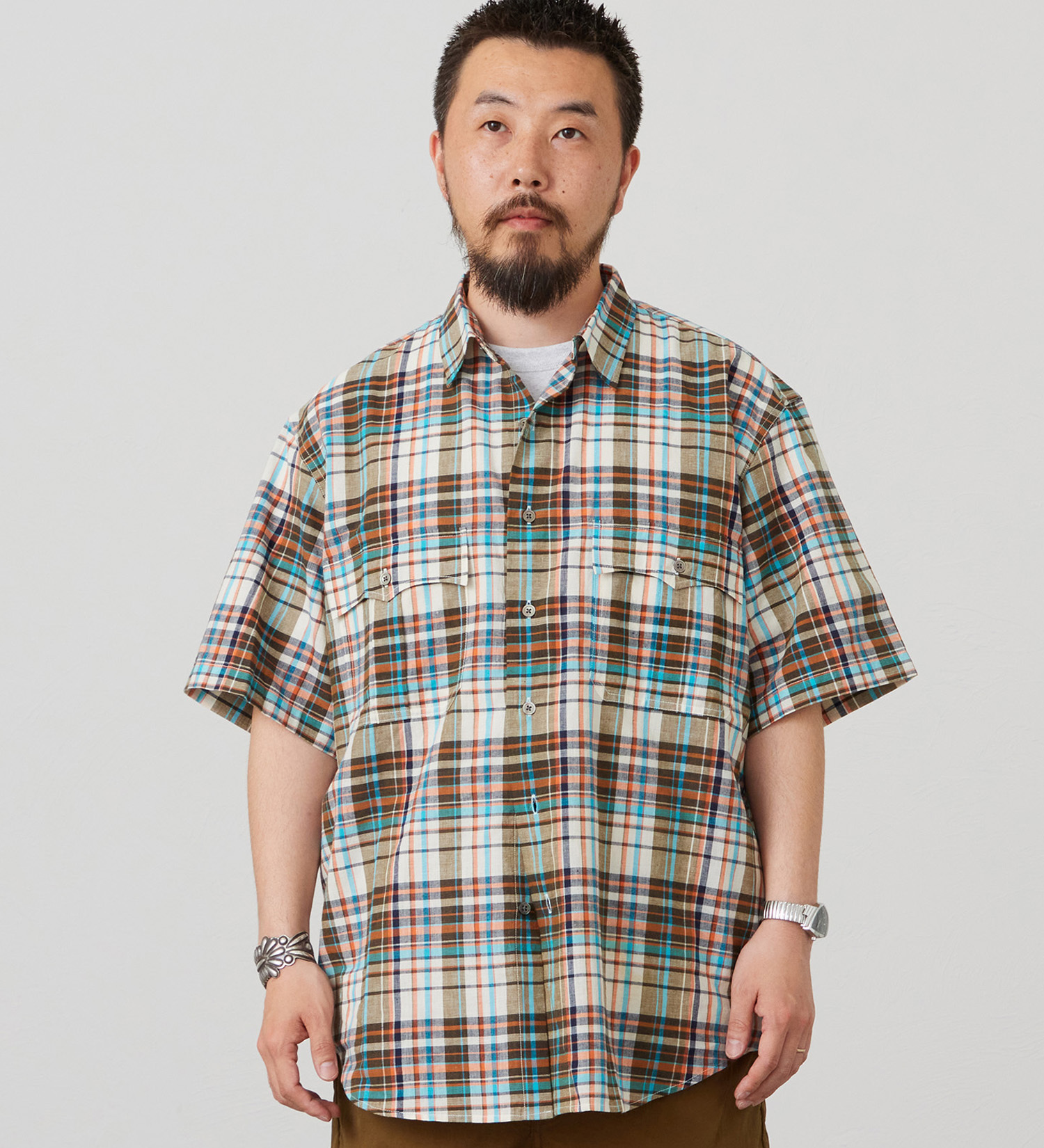 Lee(リー)のハーフスリーブサファリシャツ ライトウエイトマドラスチェック|トップス/シャツ/ブラウス/メンズ|オレンジ