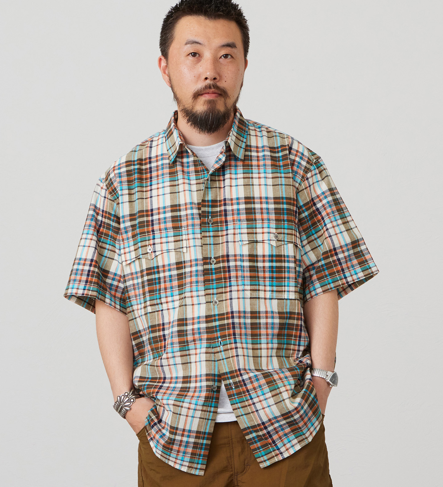 Lee(リー)のハーフスリーブサファリシャツ ライトウエイトマドラスチェック|トップス/シャツ/ブラウス/メンズ|オレンジ