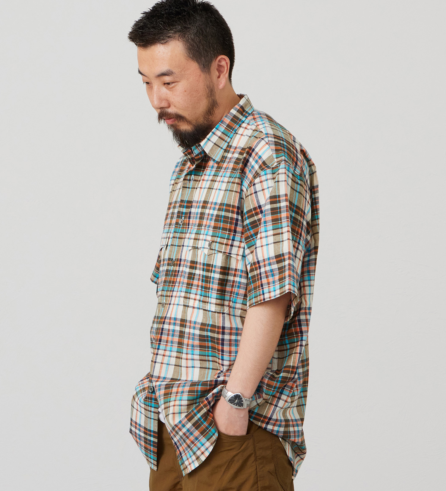 Lee(リー)のハーフスリーブサファリシャツ ライトウエイトマドラスチェック|トップス/シャツ/ブラウス/メンズ|オレンジ