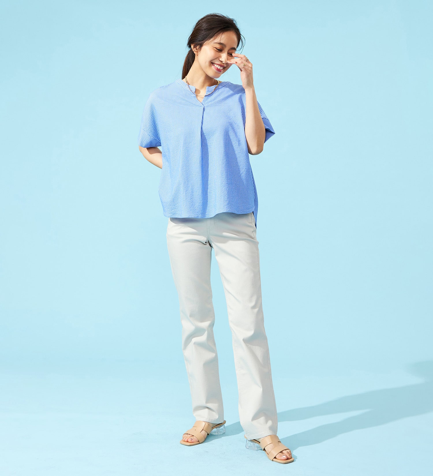 EDWIN(エドウイン)の【予約P】EDWIN LADIES インターナショナルベーシック COOL 股上深め 脚まわりゆったりストレートデニムパンツ【涼】|パンツ/パンツ/レディース|アイボリー