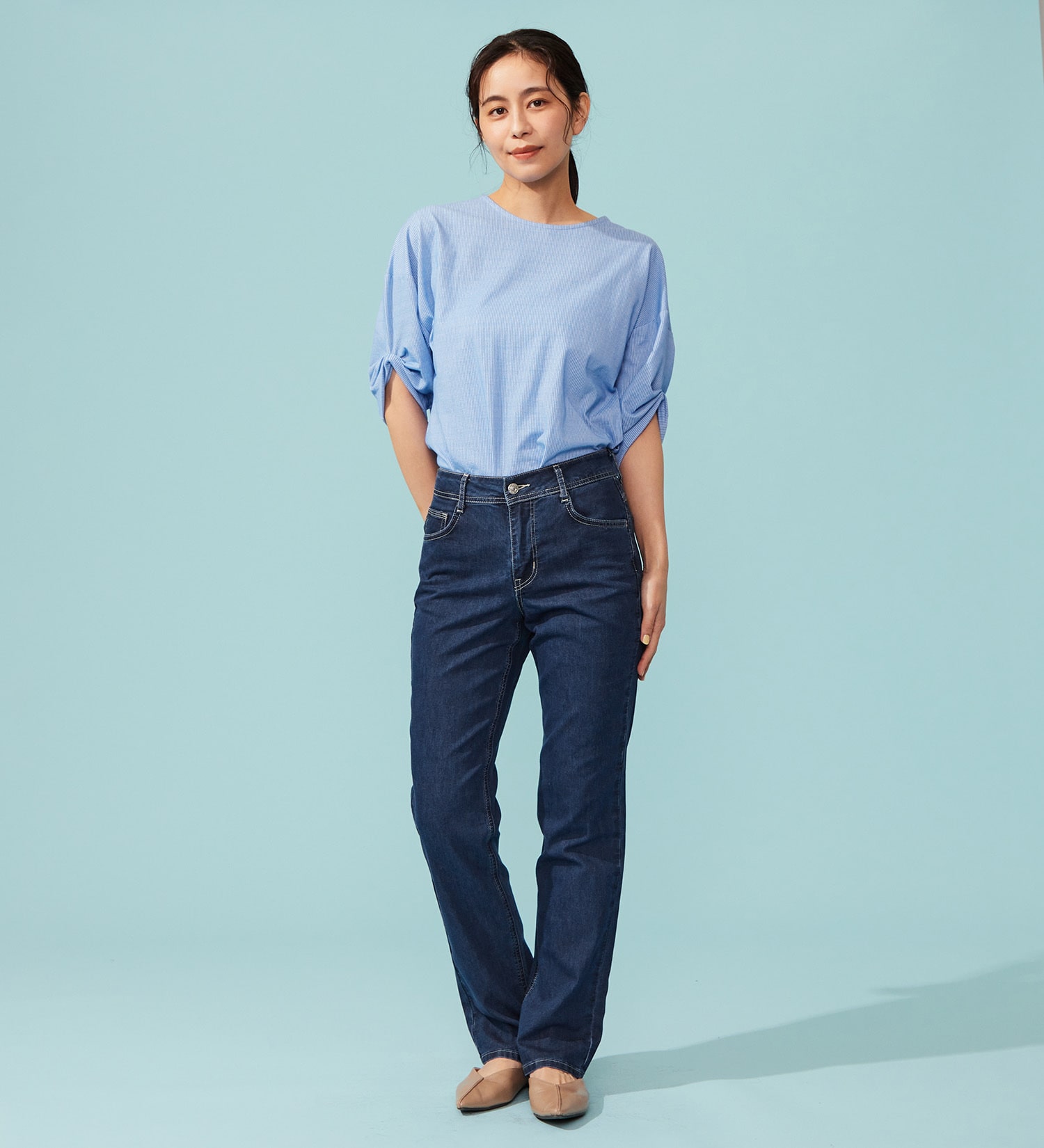 EDWIN(エドウイン)の【予約P】EDWIN LADIES インターナショナルベーシック COOL 股上深め 脚まわりゆったりストレートデニムパンツ【涼】|パンツ/デニム / ジーンズパンツ/レディース|中色ブルー