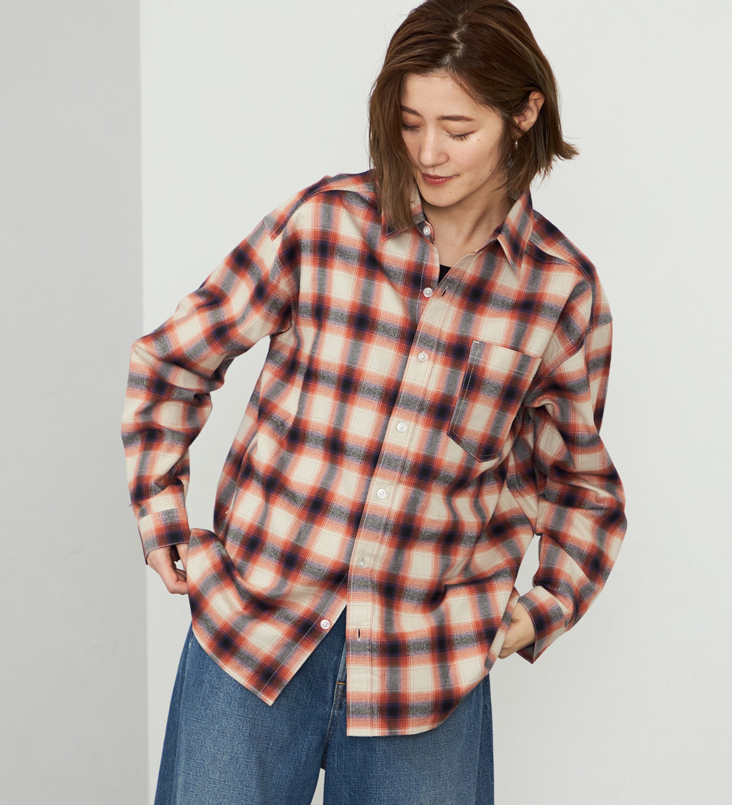 EDWIN(エドウイン)の【WEB・直営店舗限定】EDWIN LADIES ビッグフィットチェックシャツ|トップス/シャツ/ブラウス/レディース|オレンジ
