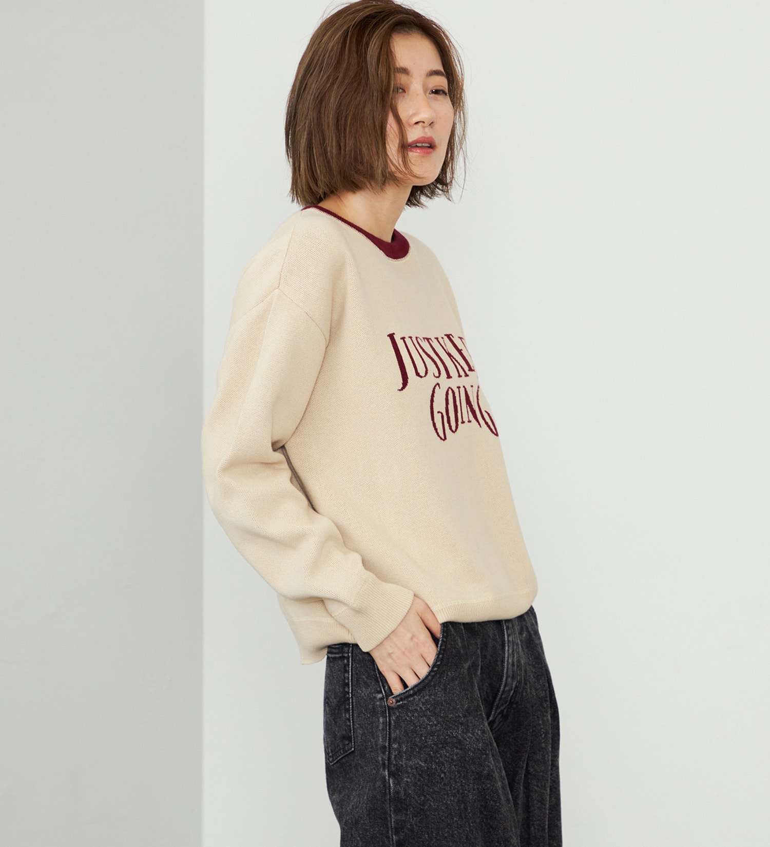 EDWIN(エドウイン)の【WEB・直営店舗限定】EDWIN LADIES レタークルーニットプルオーバー|トップス/ニット/セーター/レディース|ベージュ