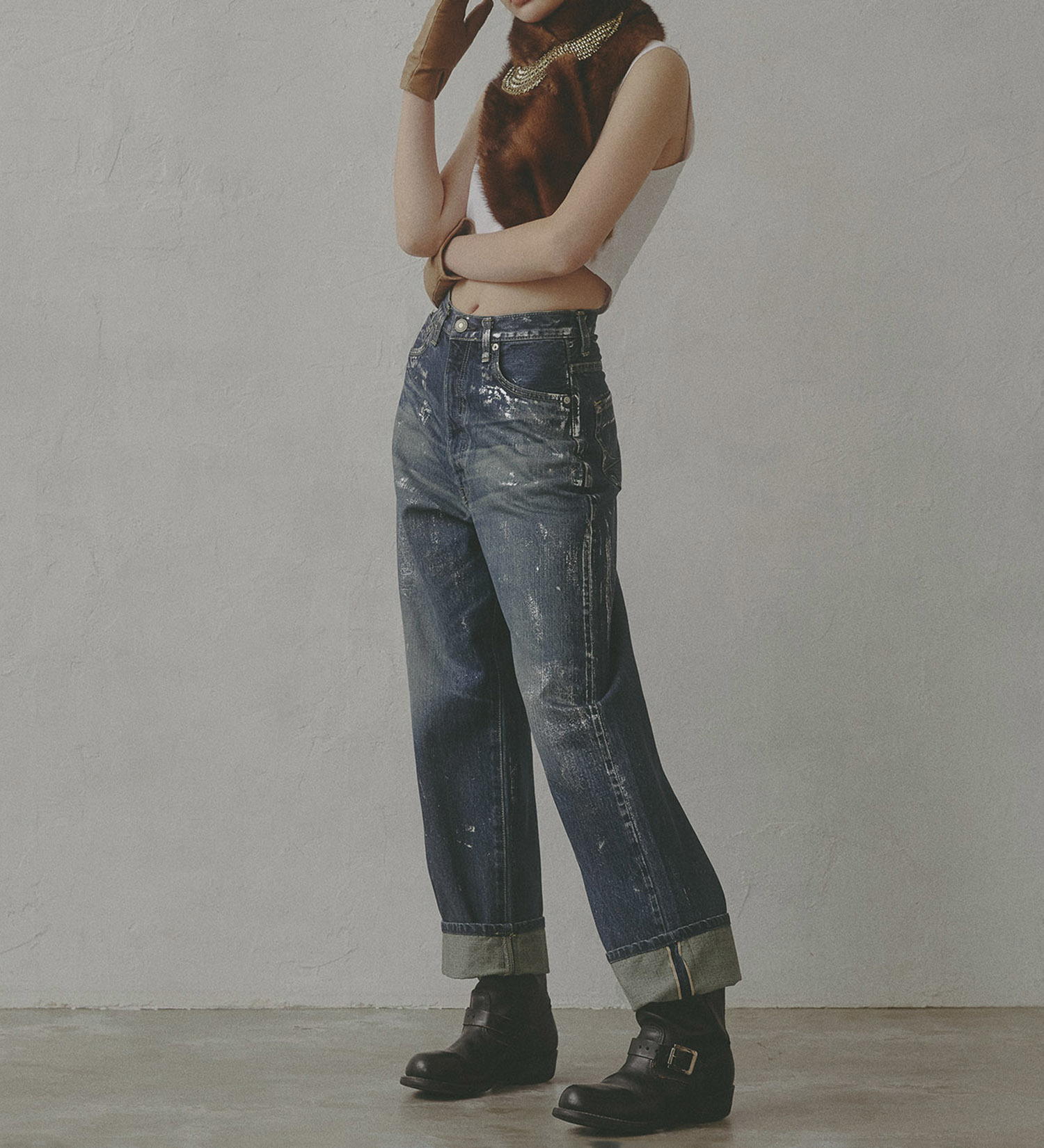 SOMETHING(サムシング)のatelier SOMETHING スーパーハイライズワイドストレートデニムパンツ/箔プリント|パンツ/デニム/ジーンズパンツ/レディース|中色ブルー