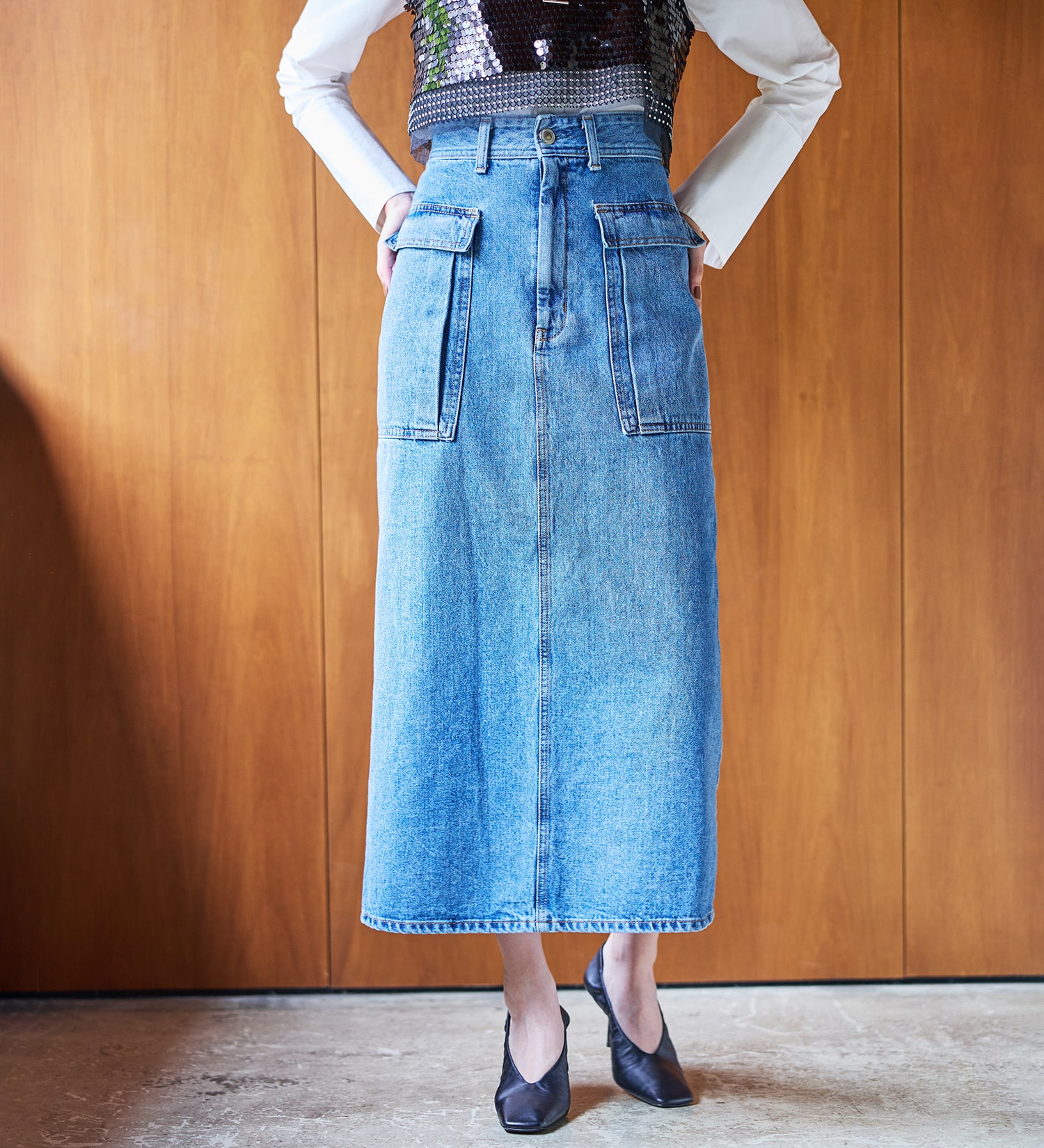 SOMETHING(サムシング)の【試着対象】atelier SOMETHING BIG POCKET SKIRT/ビッグポケットデニムスカート|スカート/デニムスカート/レディース|淡色ブルー