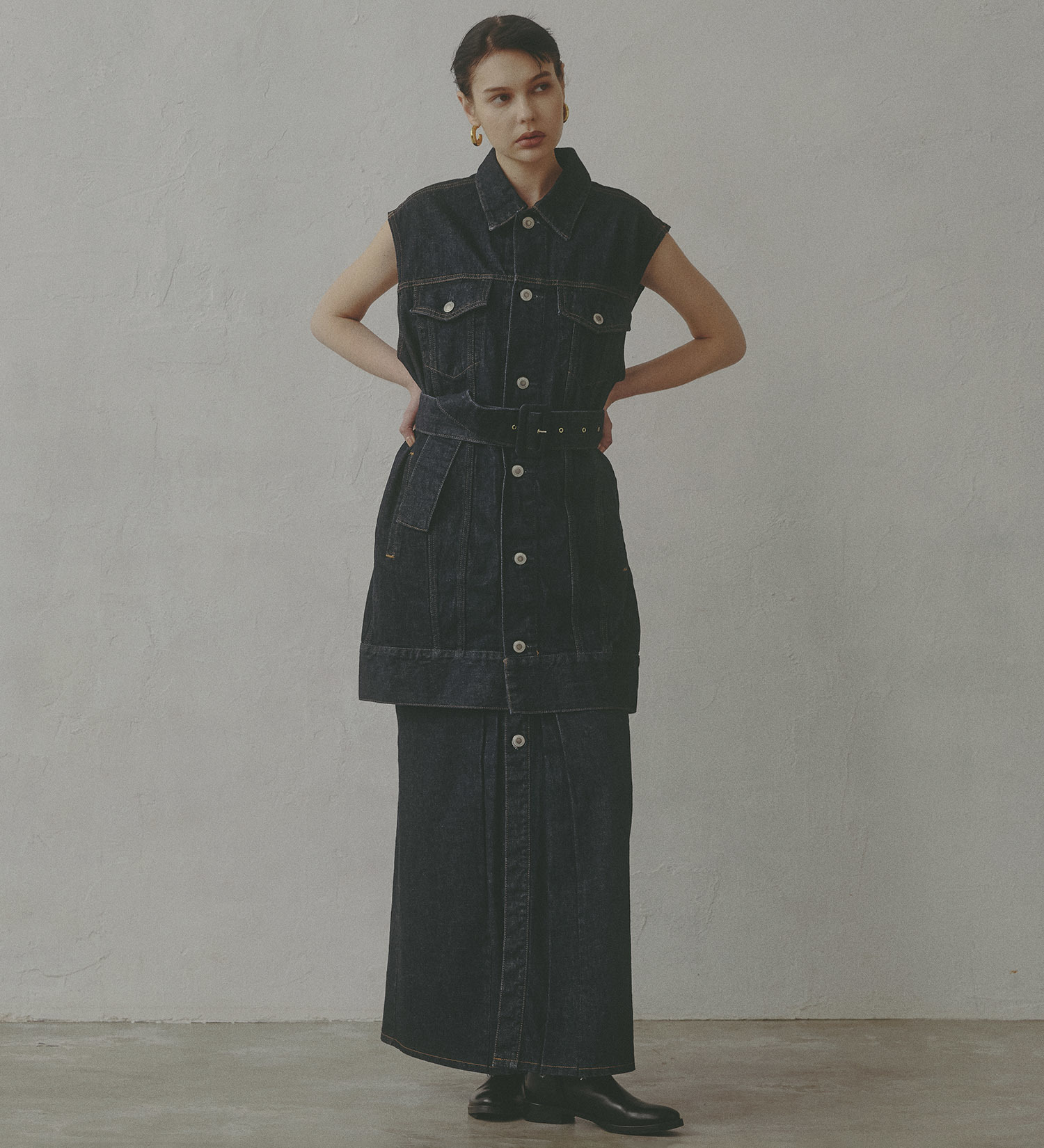 SOMETHING(サムシング)の【予約】atelier SOMETHING JACKET DETAIL SKIRT/アトリエサムシングロングデニムスカート|スカート/デニムスカート/レディース|インディゴブルー